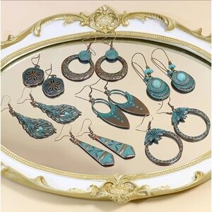 7 Pairs Turquoise Boho Rustic Geometric Earrings